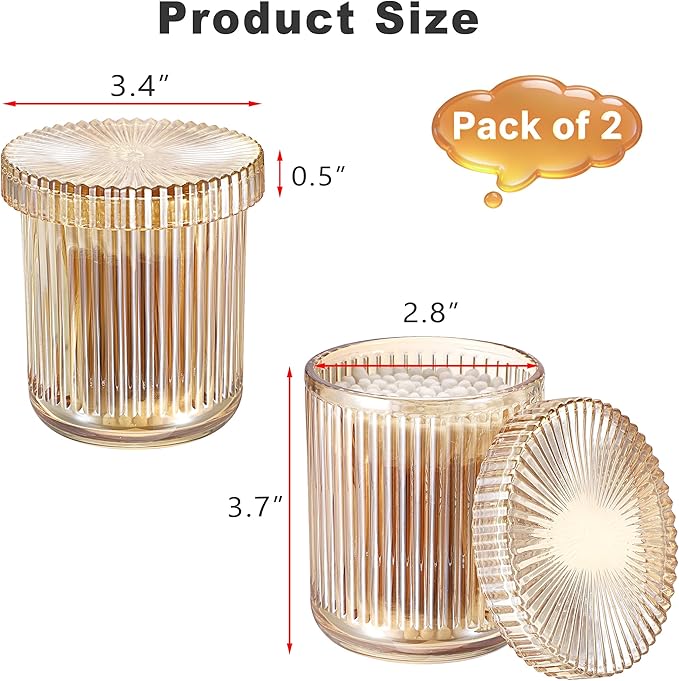 2 Pack Glass Qtip Holder with Lid, Qtip Dispenser Bathroom Storage Jars- Glass Apothecary Jars for Cotton Ball, Swab, Pads, Floss Picks, Bathroom Accessories Organization and Vanity Organizer (Amber)