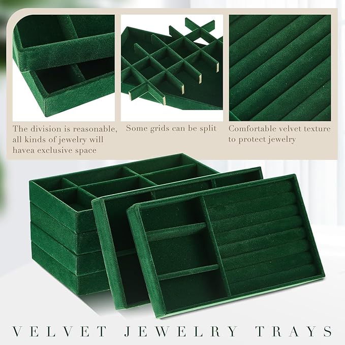 Junkin 18 Pcs Velvet Jewelry Tray Stackable Jewelry Drawer Organizer Jewellery Box Divided Display Tray for Earring Bangle(Dark Green)