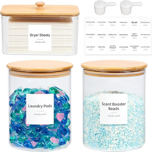 Glass Laundry Pods Container & Acrylic Dryer Sheet Holder with Bamboo Lids, Scoops & Labels | Premium Laundry Room Organization and Storage for Detergent Pods, Powder, Dryer Balls & Beads