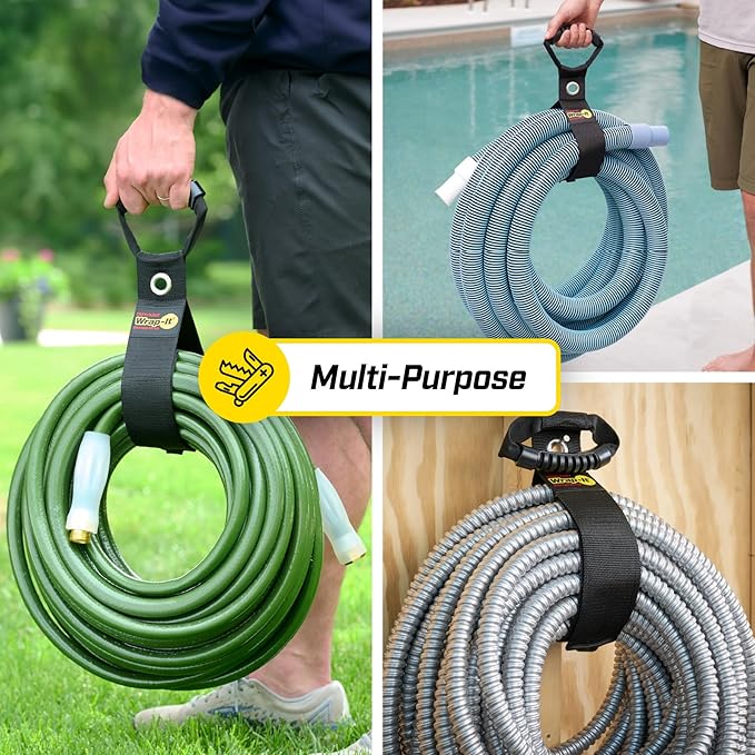 Easy-Carry Wrap-It Storage Straps - 48” (2-Pack) Black with Grommet - Garden Hose Caddy and Cord Wrap for Indoor and Outdoor Cable Organizing