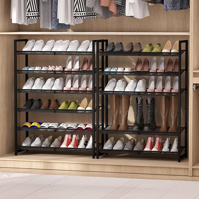 Shoe Rack, 6-Tier Metal Shoe Organizer, Tall Shoe Rack for Closet,entryway,Garage, with Adjustable Flat or Angled Shelves, Holds 18-24 Pairs,Shoes That can accommodate The Whole Family.