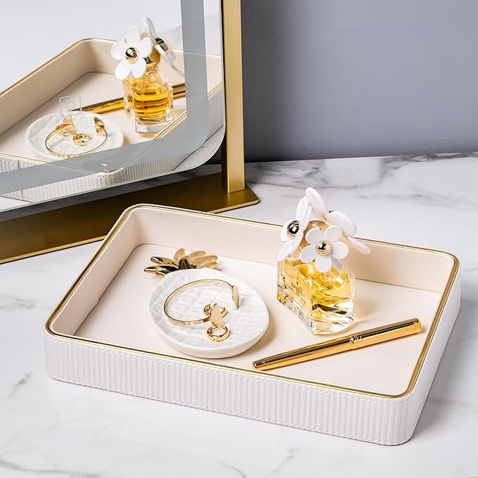 ZHEM Perfume Tray Valet Tray Night Stand Bedside Organizer| Perfume Organizer Catchall| Perfume Trays for Dresser Vanity Tray for Dresser Countertop| Perfume Holder| Nightstand Organizer Women (White)