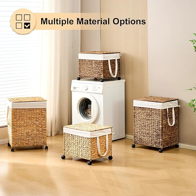 Laundry Hamper with Lid, Large Capacity Woven Natural Water Hyacinth Laundry Sorter with Removable Liners, Rolling or Non-Slip Design for Bedroom (Natural, 100L)