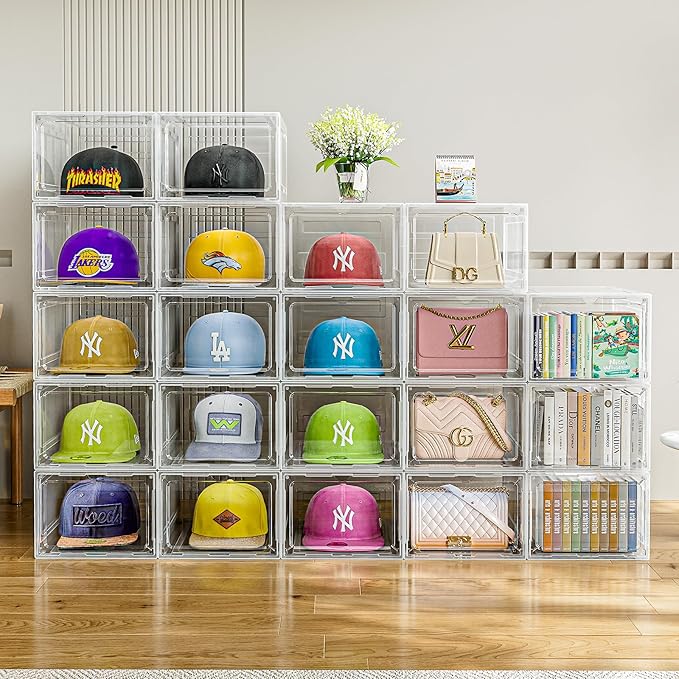 Hat Organizer Box for Baseball Caps, 4 Pack Clear Plastic Hat Storage Box Display Case with Magnetic Door, Hat Rack Holder for Closet, Snapback Organizer, Hold 8 Cap Each
