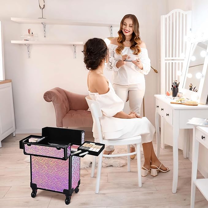 BYOOTIQUE Rolling Cosmetology Case on Wheels 3-Piece Lockable Makeup Organizer Kit Nail Tech Storage Cart Hair Tool Travel Bag for Lash Artist Nail Slon Beauty Hairstylist,Mermaid Pink