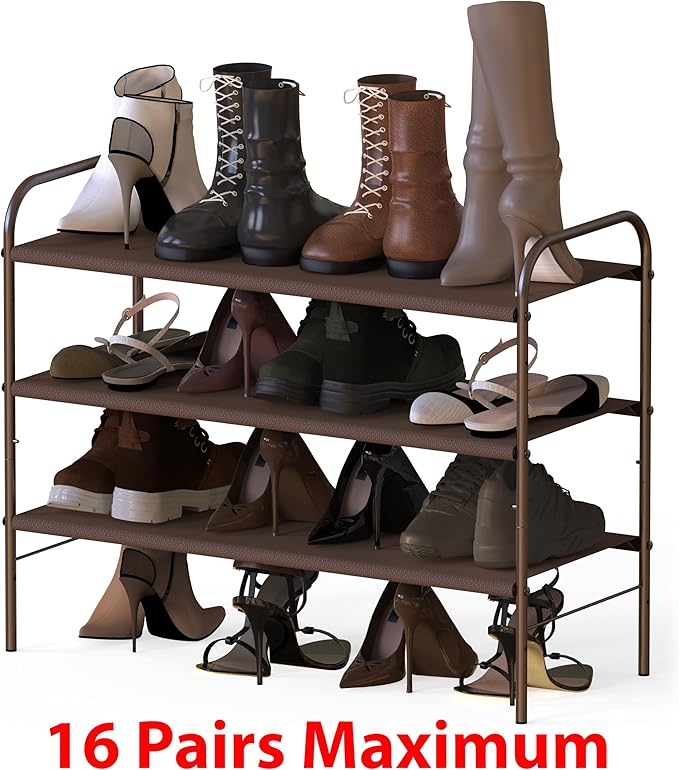 Simple Houseware 3-Tier Shoe Rack Storage Organizer, Bronze – Space-Saving Shoe Shelf, Holds 9–16 Pairs, Sturdy Metal Frame, Easy Assembly – Closet, Entryway, Bedroom Shoe Storage Solution