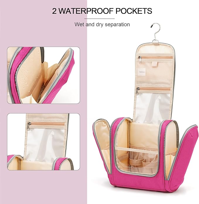 Hanging Travel Toiletry Bag for Women and Men, 6 Organizer Compartments, Extra Large Toiletries Bag, Bathroom Cosmetic Bag, Water-resistant Makeup Bag, Holds Full-Size Shampoo, Rose Red