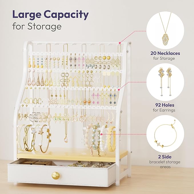 SWTYMIKI Earring Holder Organizer - Jewelry Organizer Stand with Necklace Hooks, Watch Rods, Nonwoven Drawer, Large Capacity Jewelry Display for Stud Earring Bracelet Necklace Ring, White