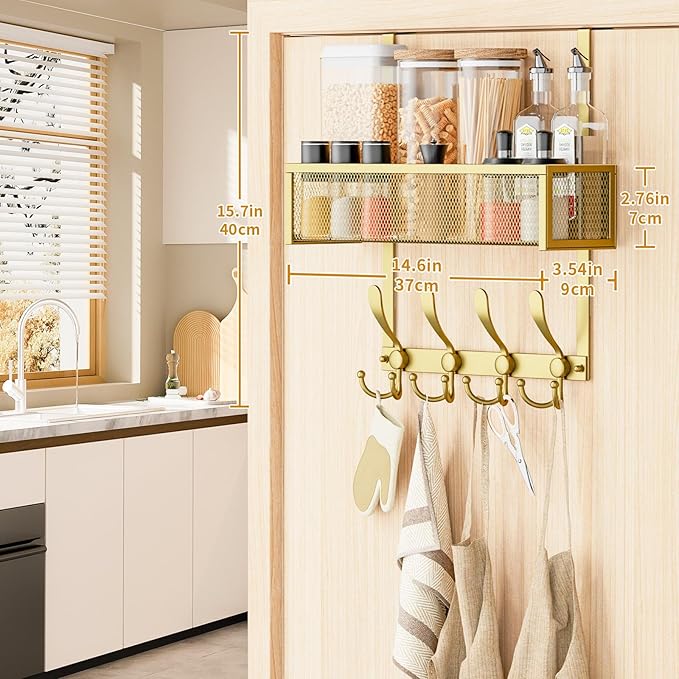 Over The Door Hooks Organizer,Over Door Hanger Towel Rack Mesh Basket with 12 Hooks,Back of Door Storage Organizer for Bedroom,Bathroom,Kitchen,Office(Gold)