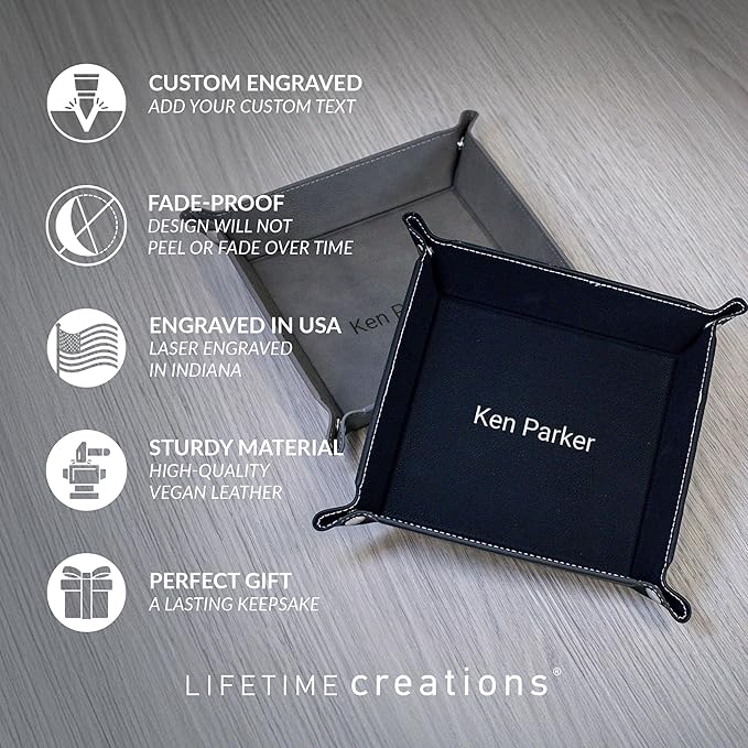 Lifetime Creations Personalized Valet Tray (Black) - Custom Engraved Vegan Leather Snap Catchall, Gifts for Groomsmen