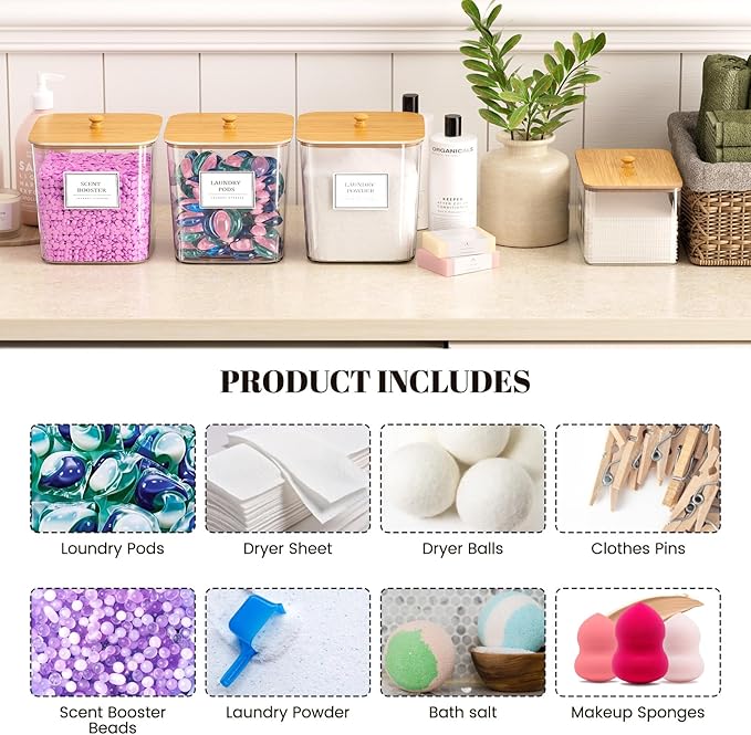 4+1 Pack Laundry Room Organization Containers,Clear Laundry Pods Container,Large Laundry Detergent Powder Storage Containers with Wooden Lids & Labels,Laundry Pods Holder for Scent Booster,Powder,Pods