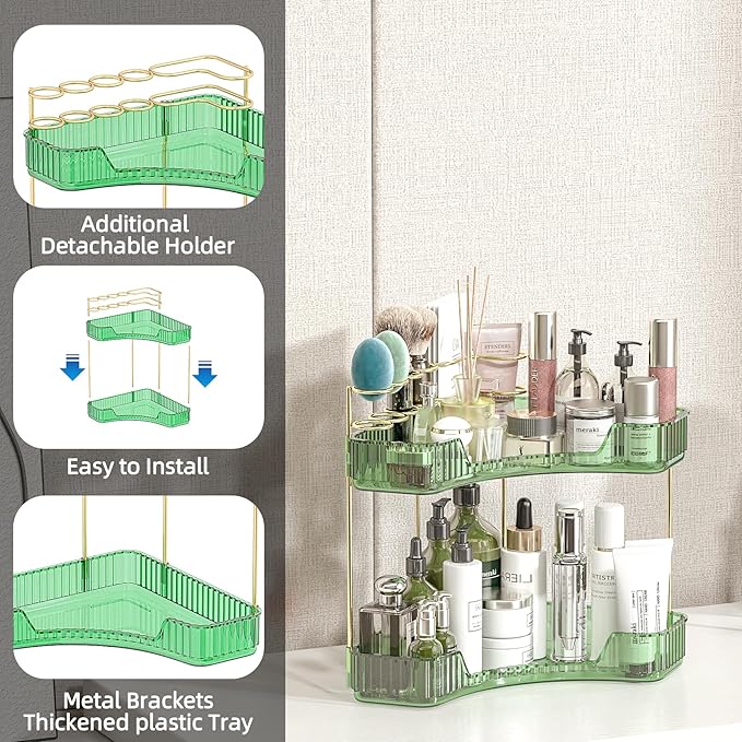2 Tier Corner Bathroom Organizer Countertop, Vanity Makeup Organizer with Brush Holder, Space-Saving Skincare Storage Corner Shelf for Bathroom, Dressing Table, Kitchen
