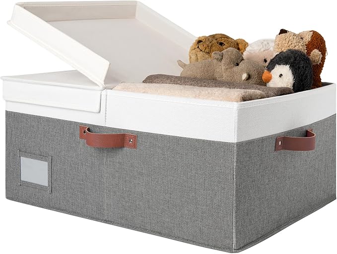 GRANNY SAYS Decorative Storage Boxes with Lids, Collapsible Large Closet Storage Bins with Label, Fabric Storage Bins for Clothes, 63L, White&Gray