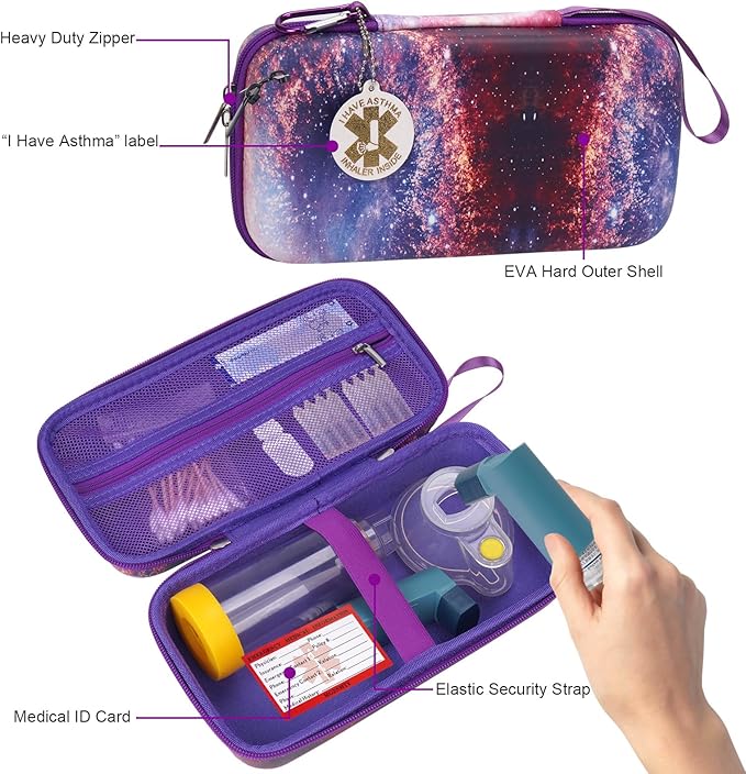 MGZNMTY Travel Carrying Case Compatible with Asthma Inhaler Spacer for Adults and Children, Masks, Inhaler Holder with Asthma Alert Tag and Medical Card, Carabiner (Only Case) (Galaxy)