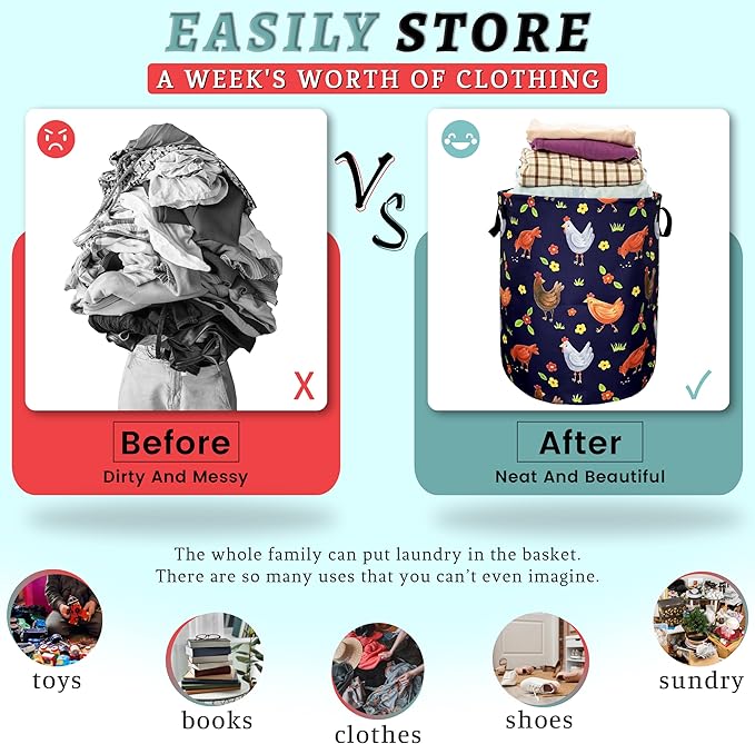 Cute Roosters Chicken Laundry Basket With Handles Oxford Cloth Tote Bag Animal Laundry Hamper18.9"x16.5 "Foldable Clothe Storage Bucket Toy Organizer For Bathroom/Laundry/Bedroom