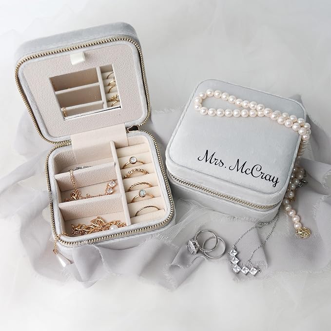 Customizable Compact Velvet Jewelry Box with Mirror, Travel Jewelry Case, Travel Jewelry Organizer, Jewelry Box for Women and Girls, Small Jewelry Organizer (Bottom Right Text, Milky Gray)