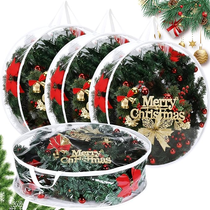 Shappy 4 Pcs 36 Inch Christmas Wreath Storage Container Clear Wreath Storage Bags PVC Waterproof Garland Bags with Clear Window Dual Zippers and Handles for Xmas Holiday Artificial Garland (White)