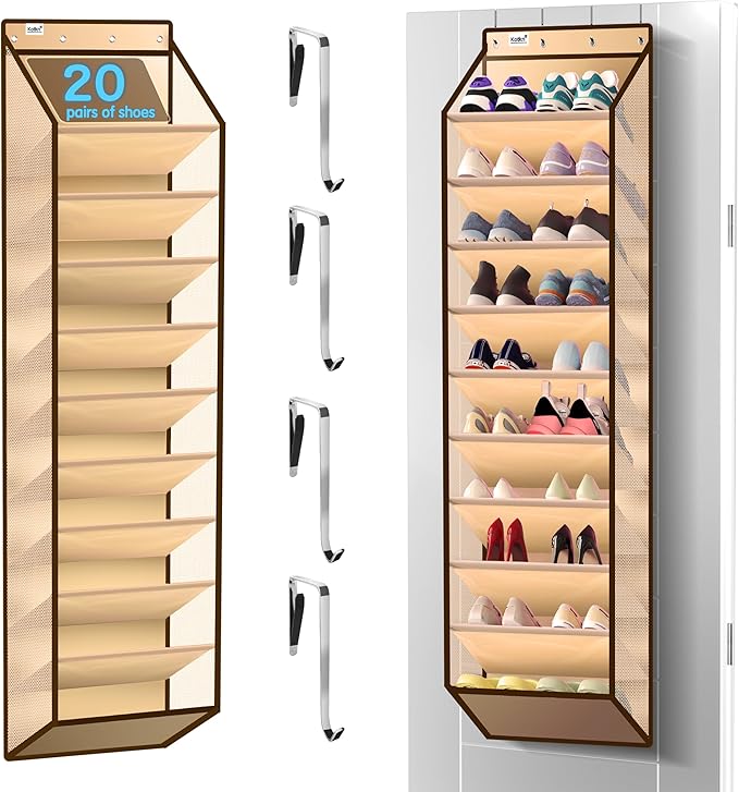 10 Tier Over The Door Organizer - Heavy Duty Hanging Storage Rack with Sturdy Oxford Fabric, Holds 20+ Pairs of Footwear, Boots & Sneakers, Saves 50% Closet Space(Beige)
