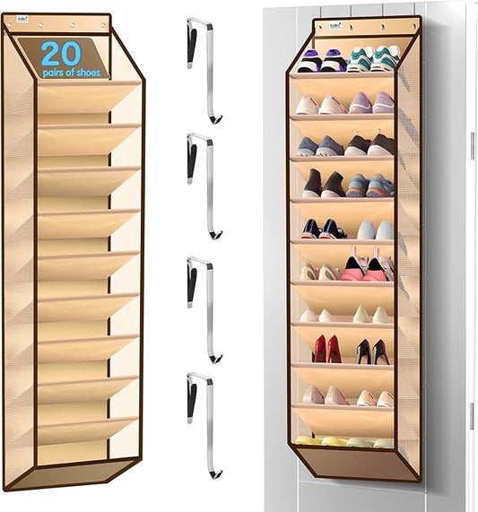 10 Tier Over The Door Organizer - Heavy Duty Hanging Storage Rack with Sturdy Oxford Fabric, Holds 20+ Pairs of Footwear, Boots & Sneakers, Saves 50% Closet Space(Beige)