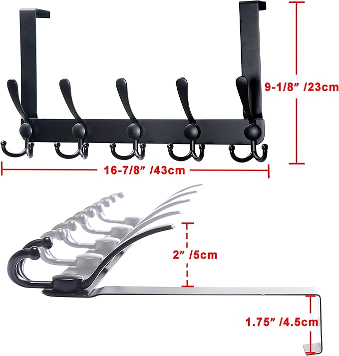 SKOLOO Over The Door Hook - for Doors up to 1-3/4'' Thickness, Metal Door Hanger with 5 Triple Hooks, Black Over The Door Hanger for Coats, Hats, Towels, Assembly Required