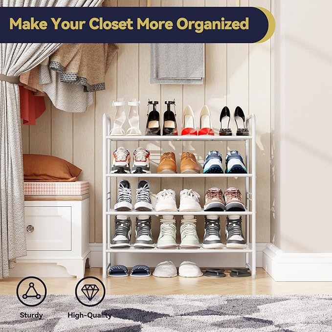 4-Tier Stackable Shoe Rack, Metal Shoe Shelf Storage Organizer,White