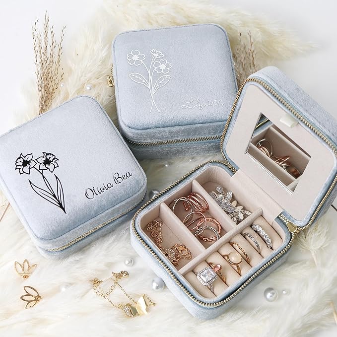 Customizable Compact Velvet Jewelry Box with Mirror, Travel Jewelry Case, Travel Jewelry Organizer, Jewelry Box for Women and Girls, Small Jewelry Organizer (Flower Design, Powder Blue)