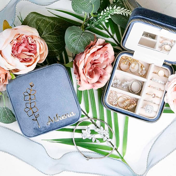 Customizable Compact Velvet Jewelry Box with Mirror, Travel Jewelry Case, Travel Jewelry Organizer, Jewelry Box for Women and Girls, Small Jewelry Organizer (Floral Design, Coral Blue)