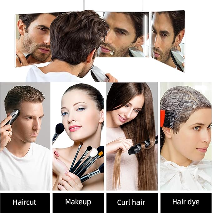 LED 3 Way Mirror to See Back of Head 360 Mirror for Women for Braiding Hair Telescoping Hooks Anti-Fog HD Glass Three Way for Self Hair Cutting Makeup Trifold
