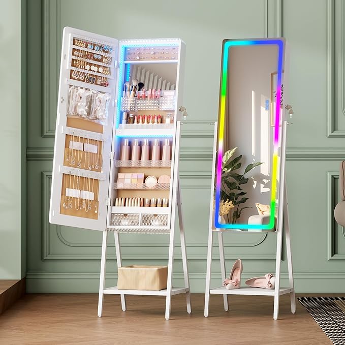 LVSOMT LED Mirror Jewelry Cabinet, Large Jewelry Armoire Cabinet Standing, Lockable Full Length Mirror with Jewelry Storage, Space-Saving Jewelry Organizer Mirror, 14 RGB Lights, White
