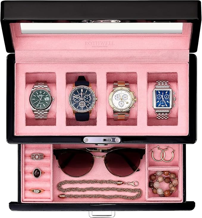 ROTHWELL 4-Slot Piano Black Watch Box with Valet Drawer - Premium Jewelry Display Case Organizer with Locking Glass Top and Microsuede Liner for Men & Women (Pink Interior)