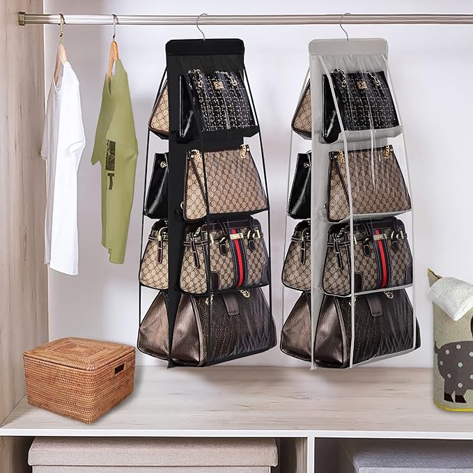 Lirex 2-Pack Handbag Hanging Purse Organizer for Closet, 8 Pocket Handbag Storage Organizer Hanger Oxford Cloth Closet Organizer for Family Closet Bedroom, Foldable and Universal Fit, Grey