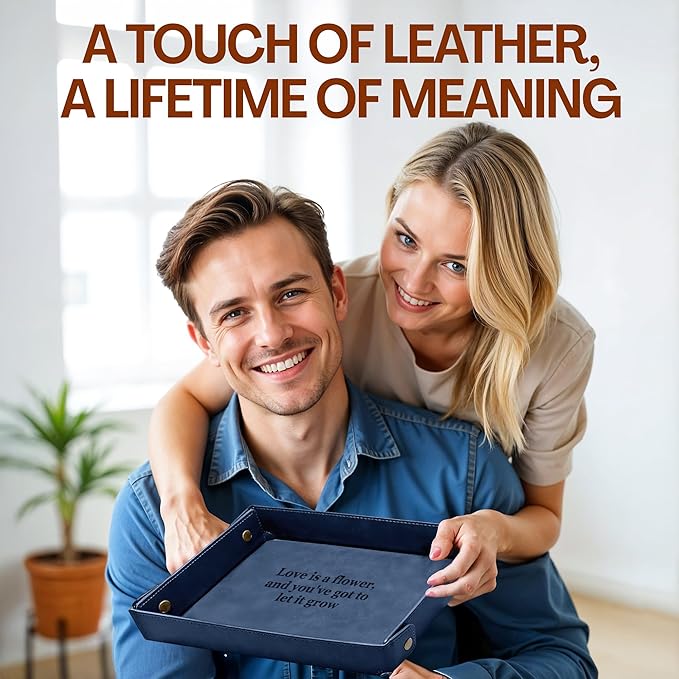 Engraved PU Leather Valet Tray for Couples – Personalized Catchall with Custom Name – Organizer for Keys, Wallet, Jewelry – Romantic Gift – Blue