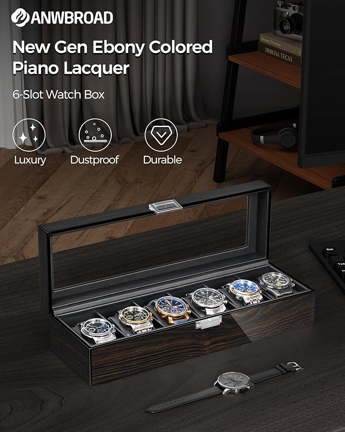 ANWBROAD Watch Box for Men, 6 Slot Watch Case with Glass Lid, Watch Display Case Watch Holder Organizer for Men, Watch Storage Box with 6 Slot, UJWB006E