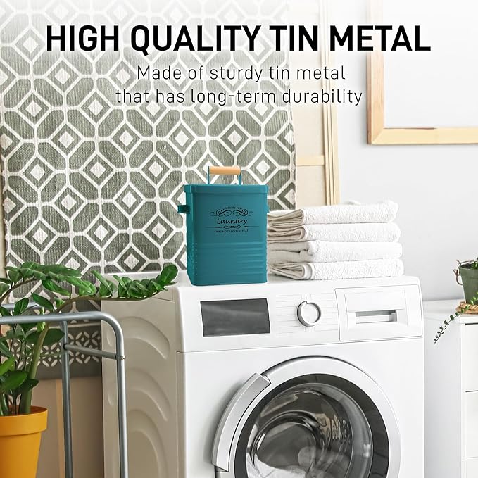 ELITAPRO Detergent Storage Container with Scoop & Lid- Modern Farmhouse Metal Powder Dispenser for Laundry Room Decor and Accessories (Teal)