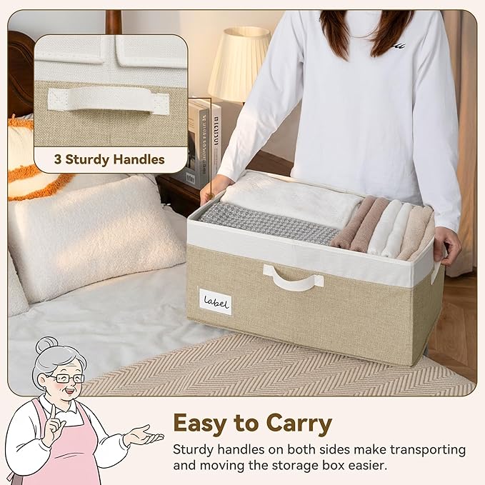 GRANNY SAYS Decorative Storage Boxes with Lid, Large Storage Bins with Double-Open Lid, Fabric Storage Bin for Clothes, 63L Closet Linen Storage Bin, White/Khaki