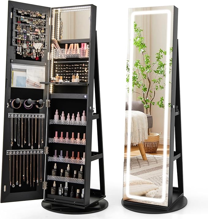 GOFLAME 360° Swivel Jewelry Cabinet Armoire with Full Length Mirror, Standing Jewelry Storage Organizer with Rear Storage Shelves, 3-Color LED Lights, Foldable Shelf, Interior Mirror, Black