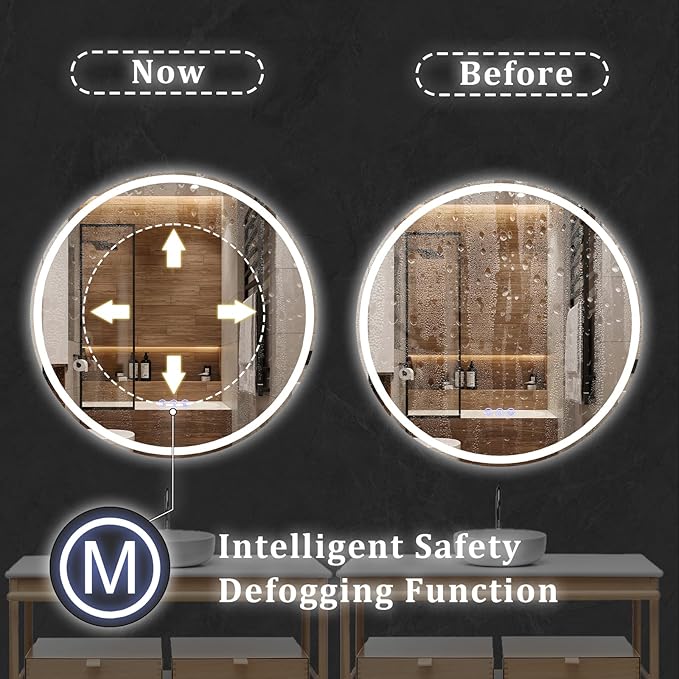 BEAUTYPEAK 28x28 LED Round Bathroom Mirror with Lights, Anti-Fog, Dimmable, Backlit + Front Lit, Lighted Bathroom Vanity Mirror for Wall, 3 Colors, Memory Function, Tempered Glass, Shatter-Proof