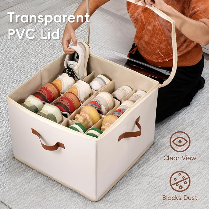 2-Pack Shoe Storage Organizer for Closet - Large Capacity Fits 16-32 Pairs, Clear Cover with Reinforced Handles, Adjustable Dividers, Dustproof Stackable Containers, Beige