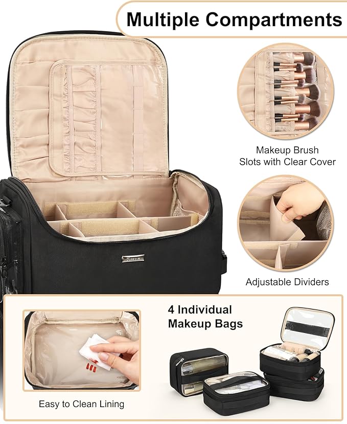Relavel Rolling Makeup Train Case, Cosmetology Case on Wheels with 4 Clear Bags, Professional Makeup Artist Set Bags Cosmetic Storage Organizer with Adjustable Dividers, 360° Spinner Wheels, Black