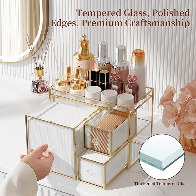 Multifunctional Face Towel Holder with 3 Drawers – Tempered Glass Cotton Pad & Swab Organizer – Disposable Face Towel Holder for Bathroom Vanity