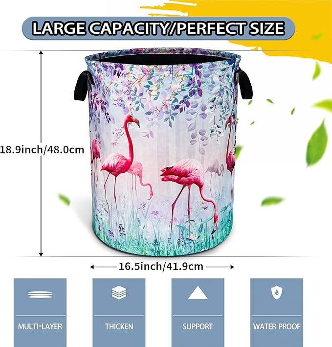 Flamingo Laundry Basket Animal Foldable Oxford Cloth Funny Tote Bag Laundry Hamper Clothes Storage Bucket Toy Organizer For Bathroom/Laundry Storage/Bedroom 18.9x16.5 Inch