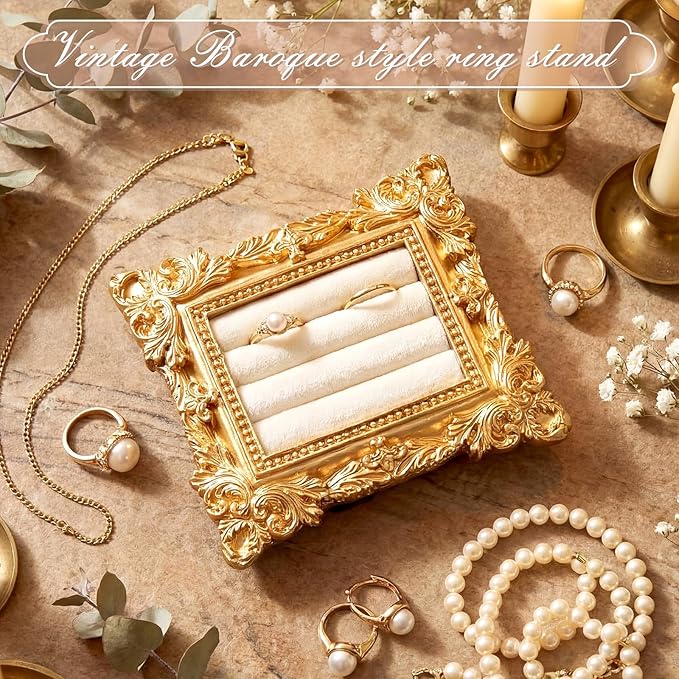 Vintage Ring Holder Wide Gold Ring Wedding Display Suede Jewelry Box Stand Frame Earring Tray Anniversary Engagement Baroque Organizer Photograph Prop for Women Birthday Gifts