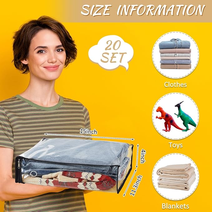 20 Pieces Clear Vinyl Zippered Storage Bags 15 x 11 x 4 Inch Sweater Storage Bags Plastic Bed Sheet Organizer for Blanket Closet Clothing Linen Sweater Clothes Pillow