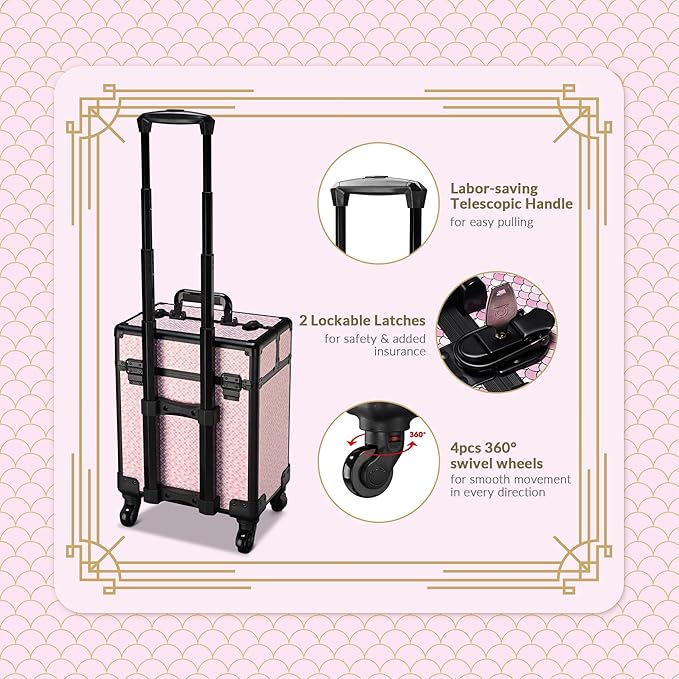 BYOOTIQUE Rolling Makeup Train Case on Wheels 3-Piece Hairdressing Brush Bags Cosmetology Art Deco Bloom