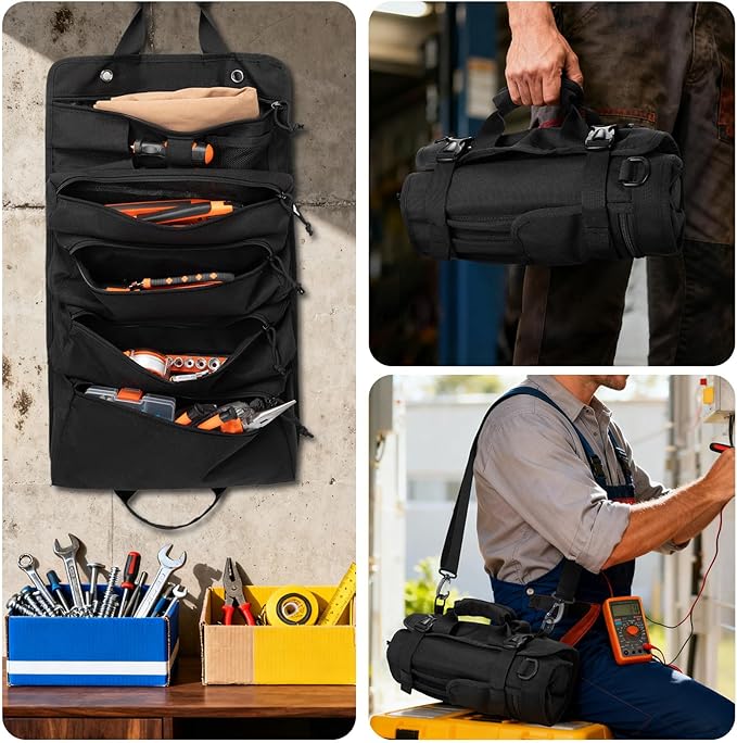 HUAARIPOLY Roll up Tool Kit, Portable Large Capacity Tool Storage, Multi functional Tool Storage Organizer Roll up Carrying Tool Kit Gifts for Men, Electricians, Machinists, and Plumbers