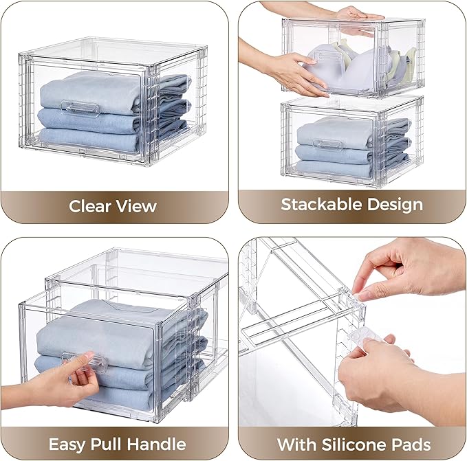 Vtopmart 3 Pack 18QT Clear Stackable Storage Drawers,Easily Assemble Closet Organizers,Plastic Storage Bins for Bathroom,Cabinet,Kitchen Pantry,Under Sink Organization(Medium)