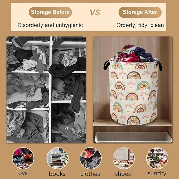 Boho Rainbows Laundry Basket,Stars Sparkles Collapsible Laundry Baskets with Handles,Waterproof Oxford Cloth Storage Basket 16"x20" for Bathroom/Bedroom/Dormitories