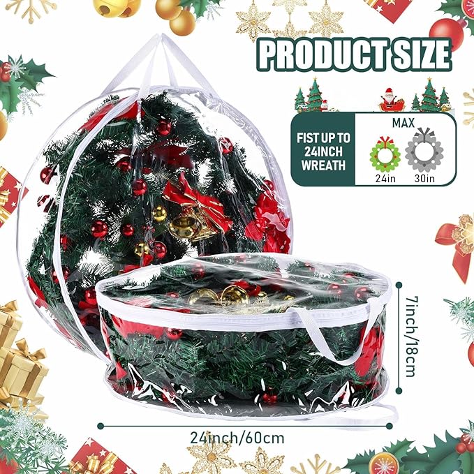 Zhengmy 5 Pcs 24 Inch Christmas Wreath Storage Bags Transparent Wreath Storage Container Bulk Wreaths Box with Dual Zippers and Handles for Xmas Holiday Wreaths Garland