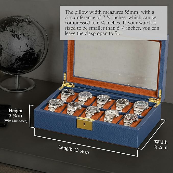 ROTHWELL 10 Slot Leather Watch Box - Luxury Case Display Jewelry Organizer - Locking Watch Display Case Holder with Large Glass Top - Box Organizer for Men and Women (Blue/Tan)