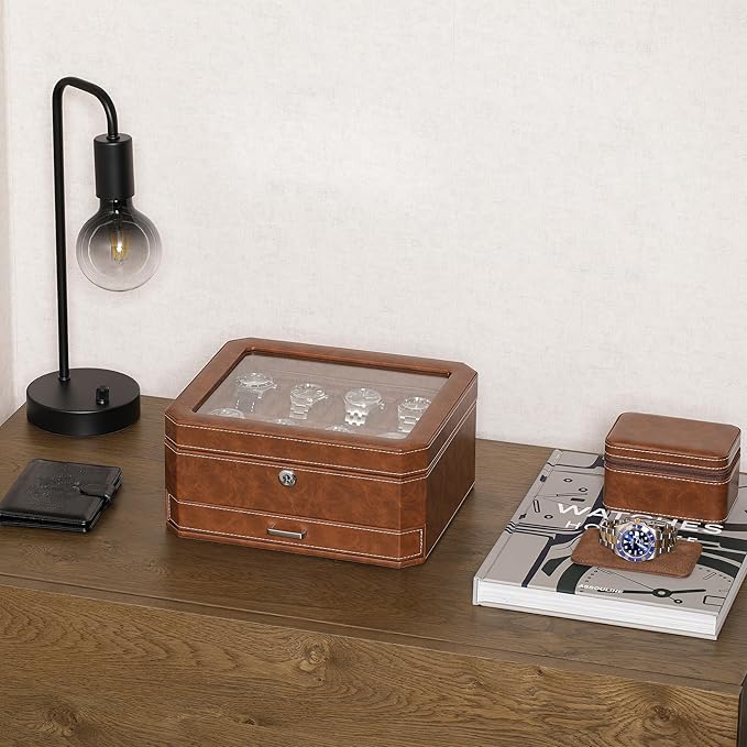 ROTHWELL 8 Slot Leather Watch Box with Valet Drawer - Luxury Case Display Jewelry Organizer, Locking Display Case Holder, Real Glass Top - Watch Box Organizer for Men & Women (Tan/Brown)